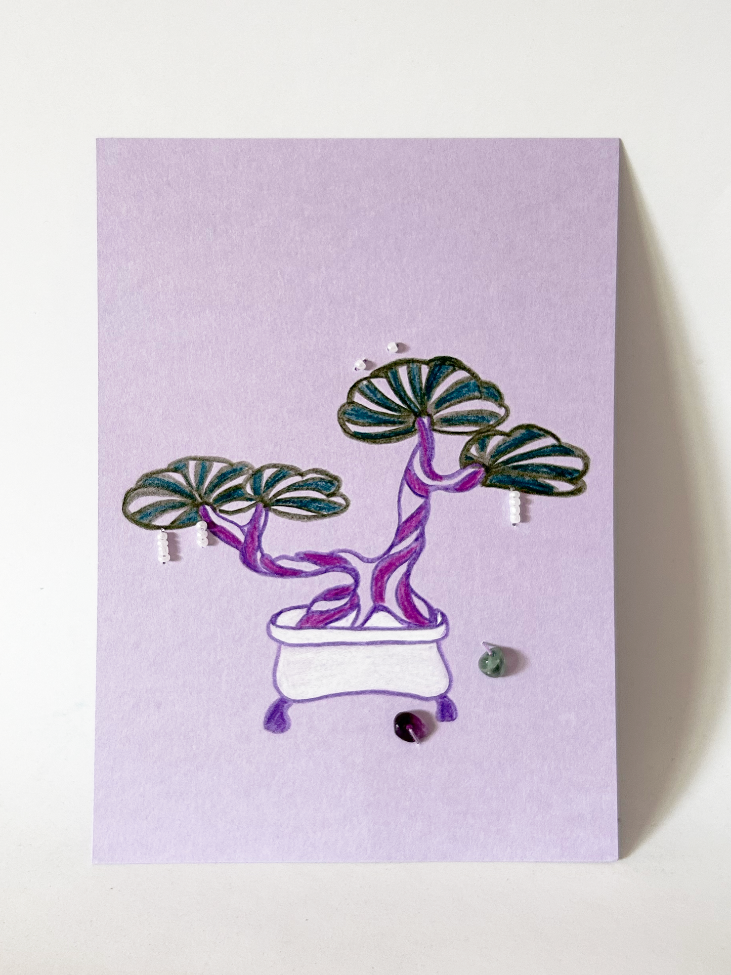 Hand Drawn Bonsai Christmas Card with Ribbon & Crystal