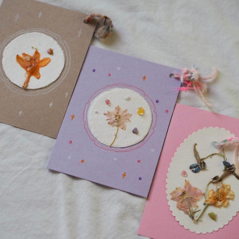 Hand Made Pressed flowers Greeting Card with Mineral and Beads