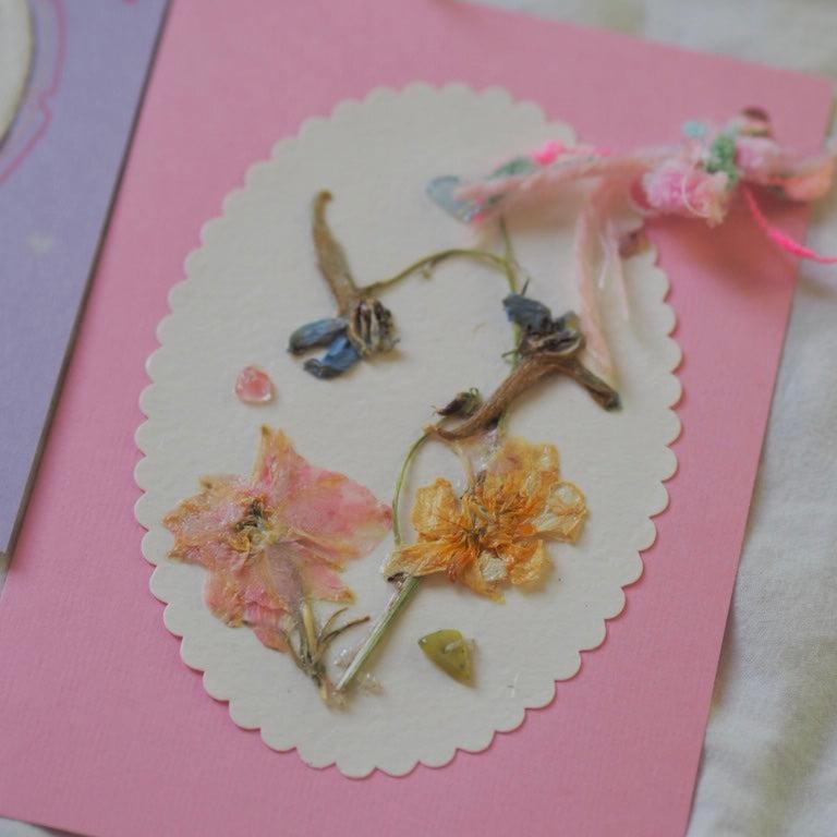 Hand Made Pressed flowers Greeting Card with Mineral and Beads