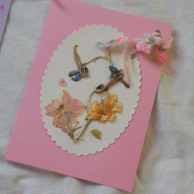 Hand Made Pressed flowers Greeting Card with Mineral and Beads