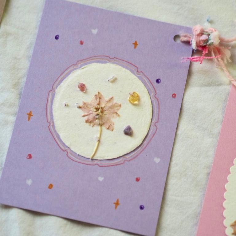 Hand Made Pressed flowers Greeting Card with Mineral and Beads