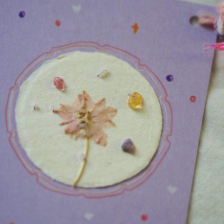 Hand Made Pressed flowers Greeting Card with Mineral and Beads