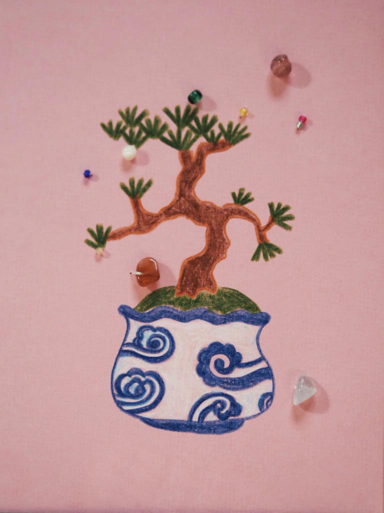 Hand Drawn Bonsai Greeting Card with Crystals & Envelope