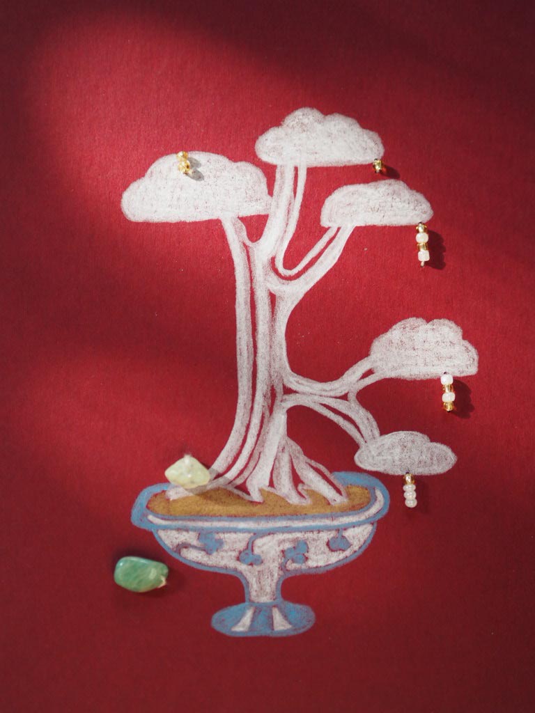 Hand Drawn Bonsai Greeting Card with Crystals & Envelope