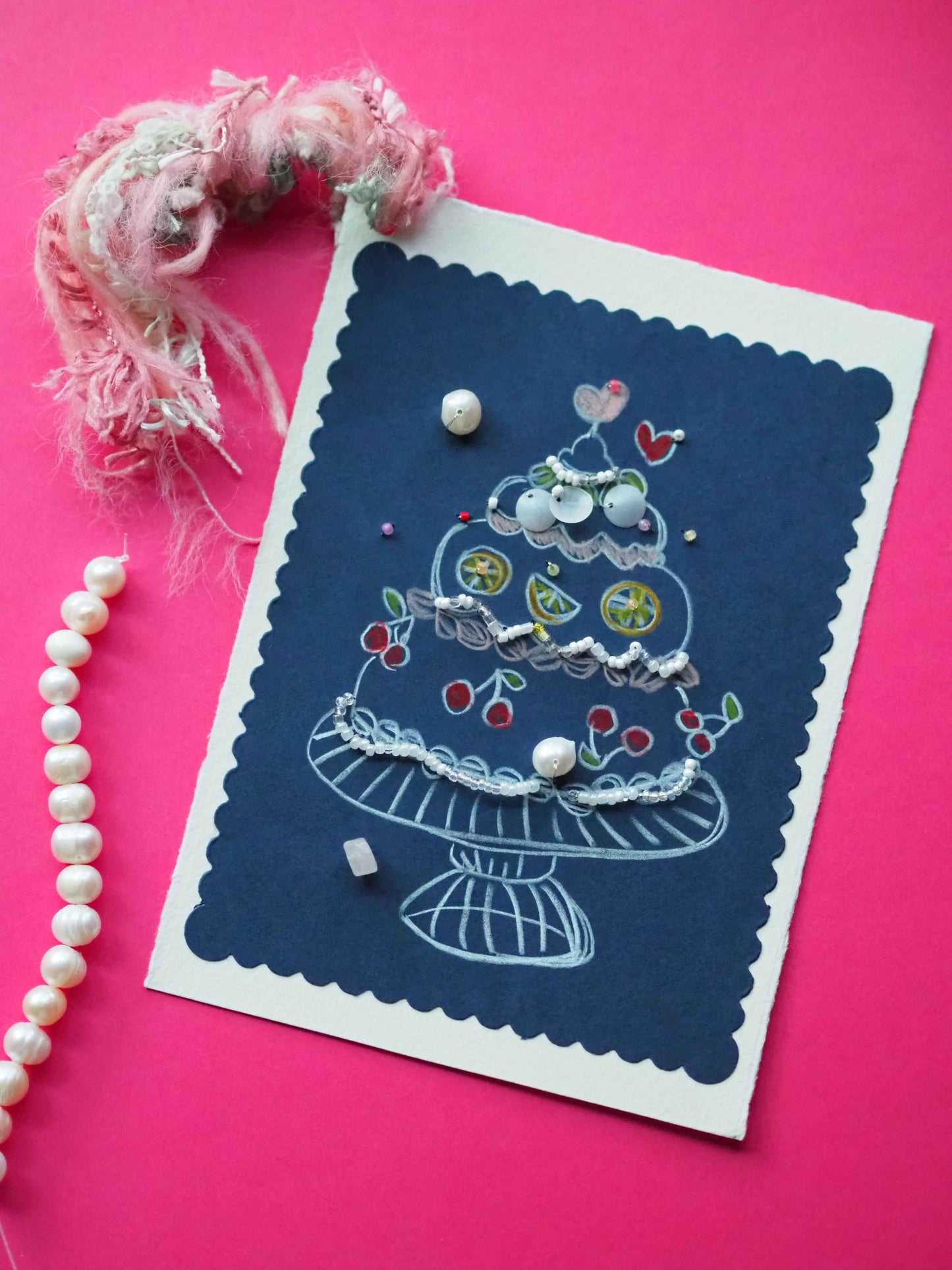 Birthday Cake Greeting Card With Birthstones &  Pearl  Beads