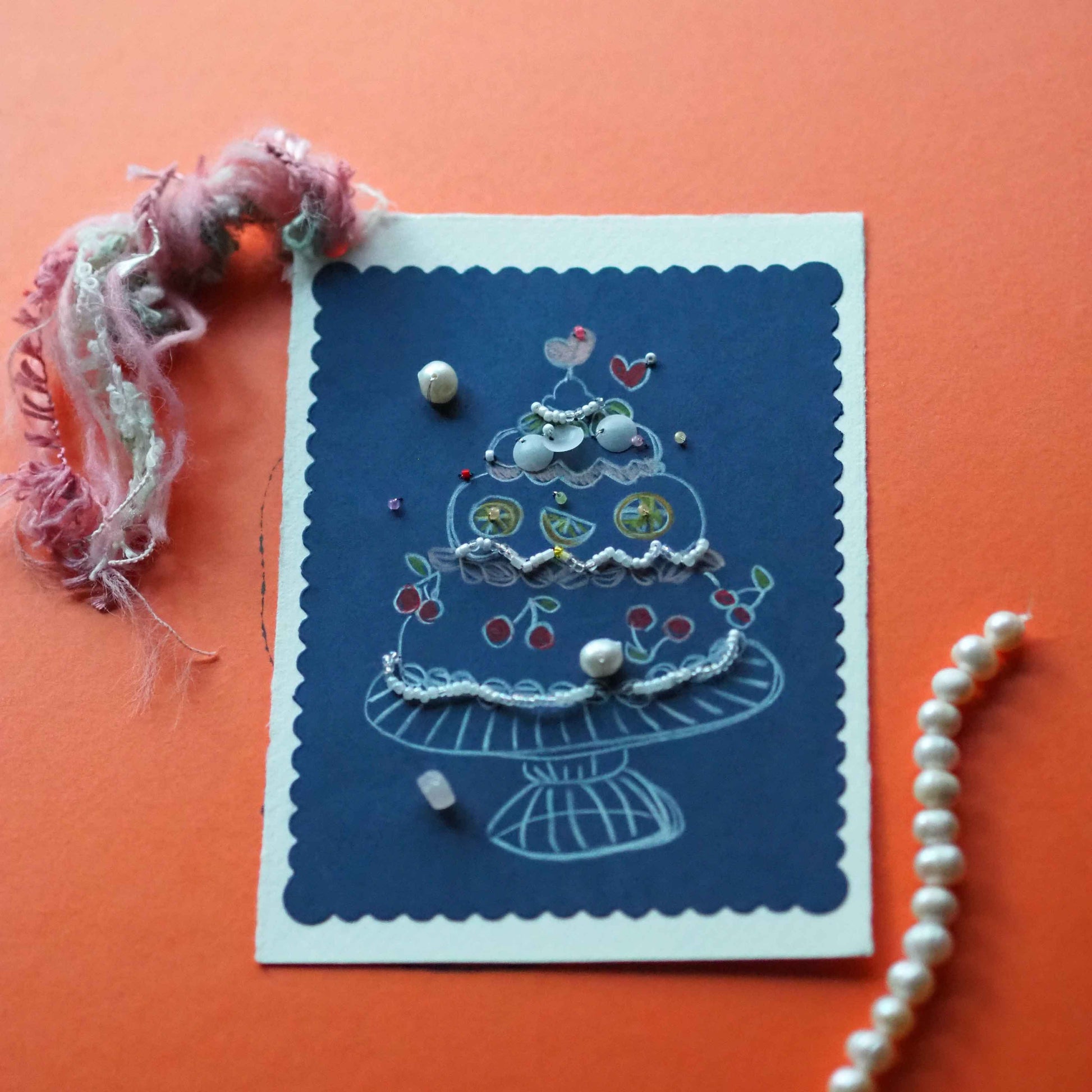 Hand Drawn Pearl Cake Greeting Card With Birthstones & Beads