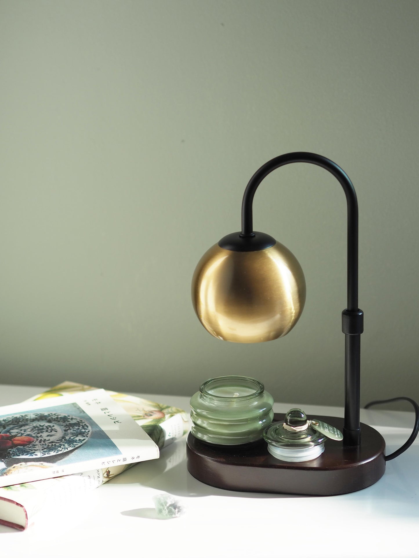 MIJO Candle Warmer Lamp Retro Gold Metal Globe Wood Base with Timer Dimmer