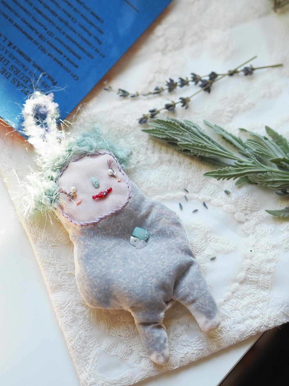 A Lavender Rose Sachet『BARKY ELF』with Aquamarine and Crystals