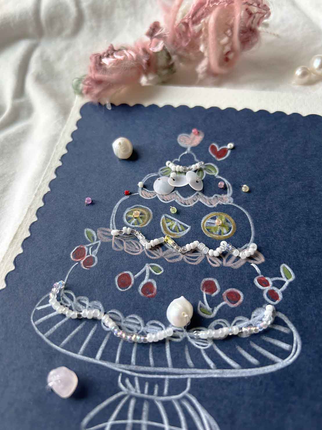 Birthday Cake Greeting Card With Birthstones &  Pearl  Beads