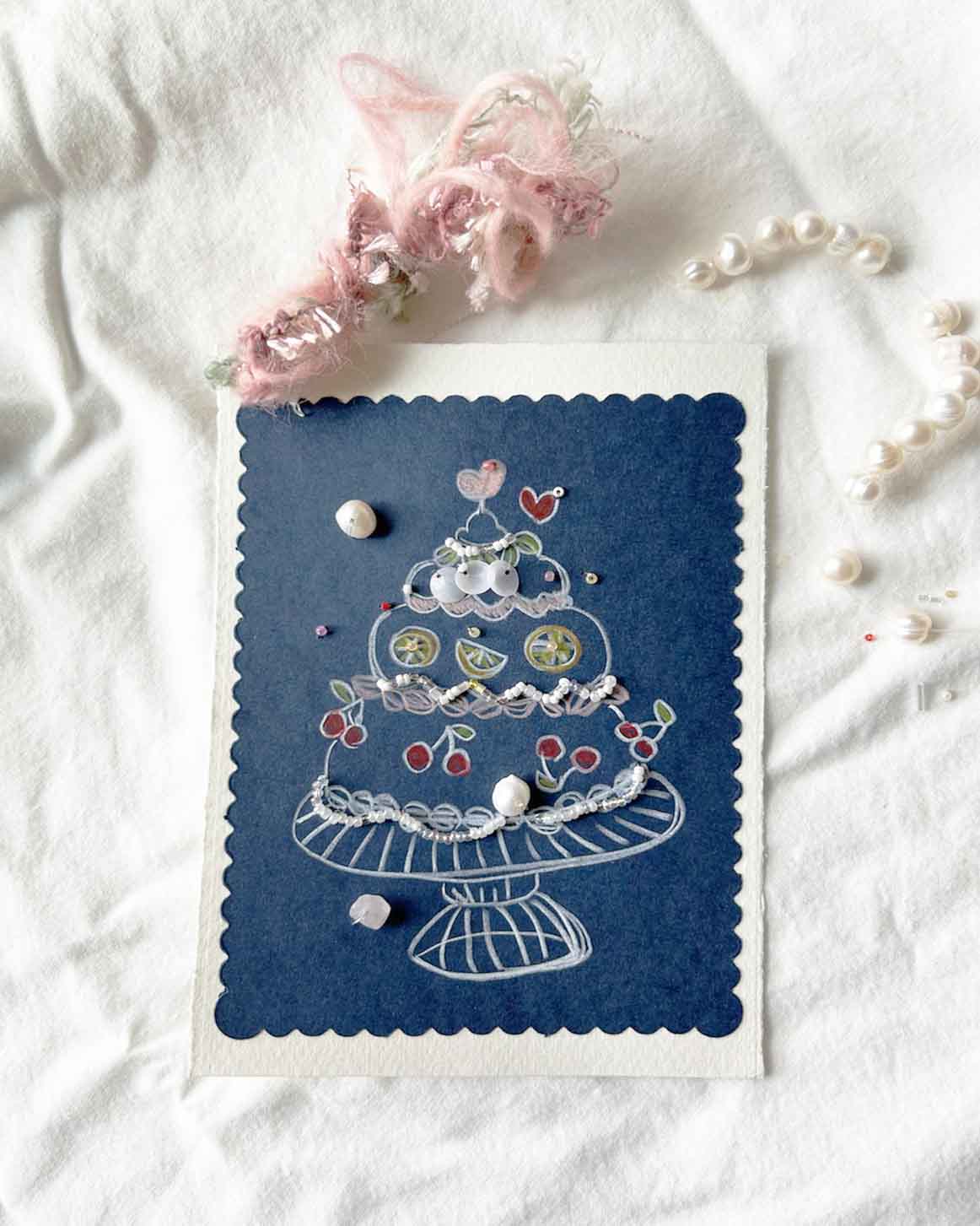 Birthday Cake Greeting Card With Birthstones &  Pearl  Beads