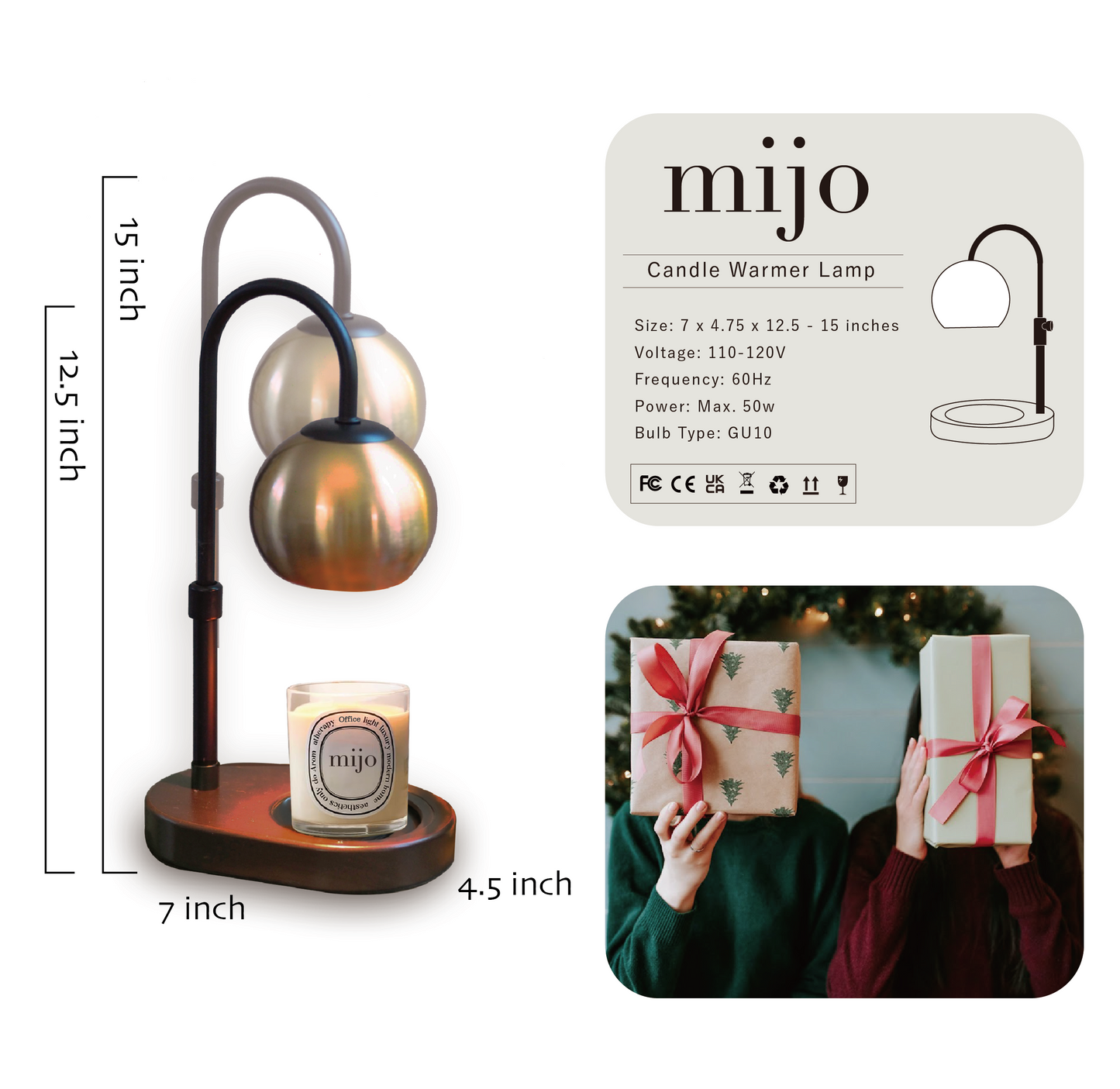 MIJO Candle Warmer Lamp Retro Gold Metal Globe Wood Base with Timer Dimmer